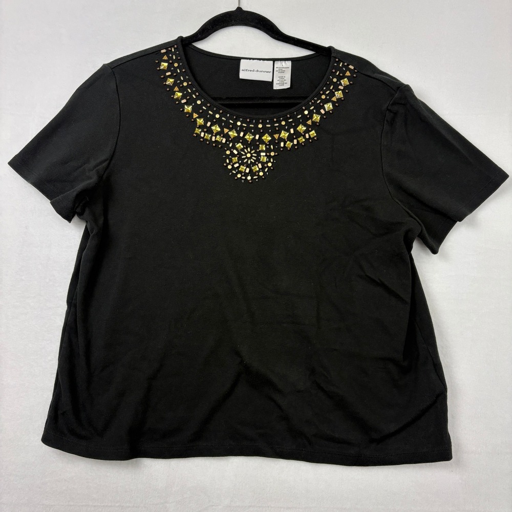 Alfred Dunner Womens Large Black Short Sleeve Beaded Neckline Knit Top Blouse B1